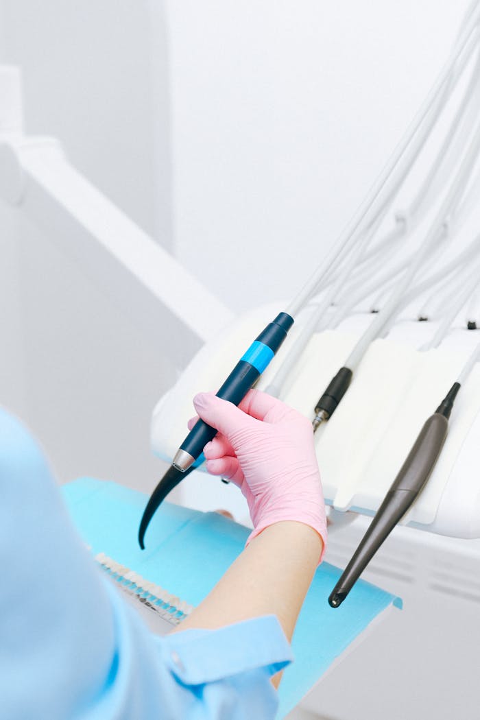 Close-up of dental equipment in a clinic setting with a hygienic atmosphere.